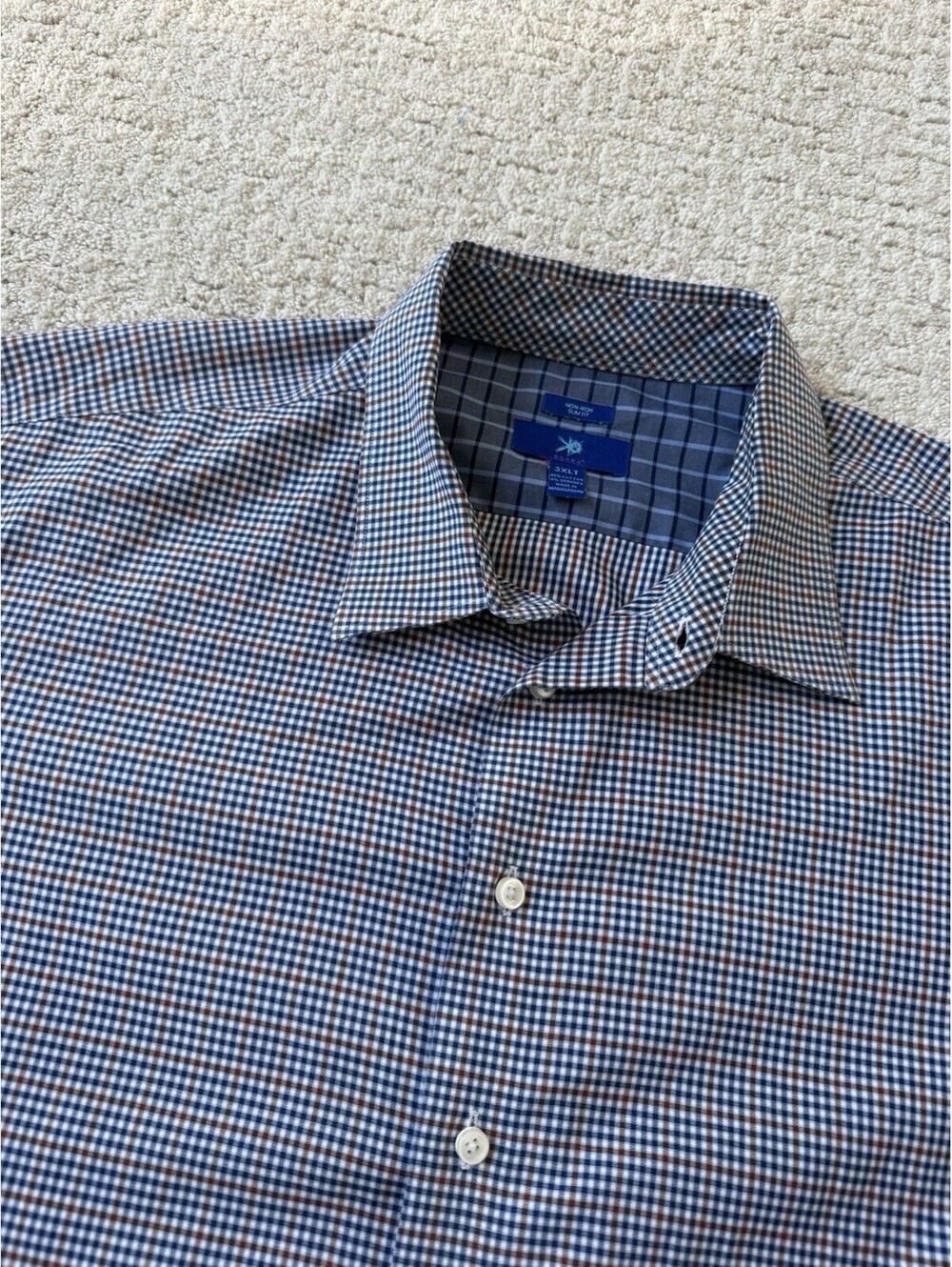 Egara Men’s 3XLT Slim Fit Non Iron Shirt Navy Check Stretch Long Sleeve
